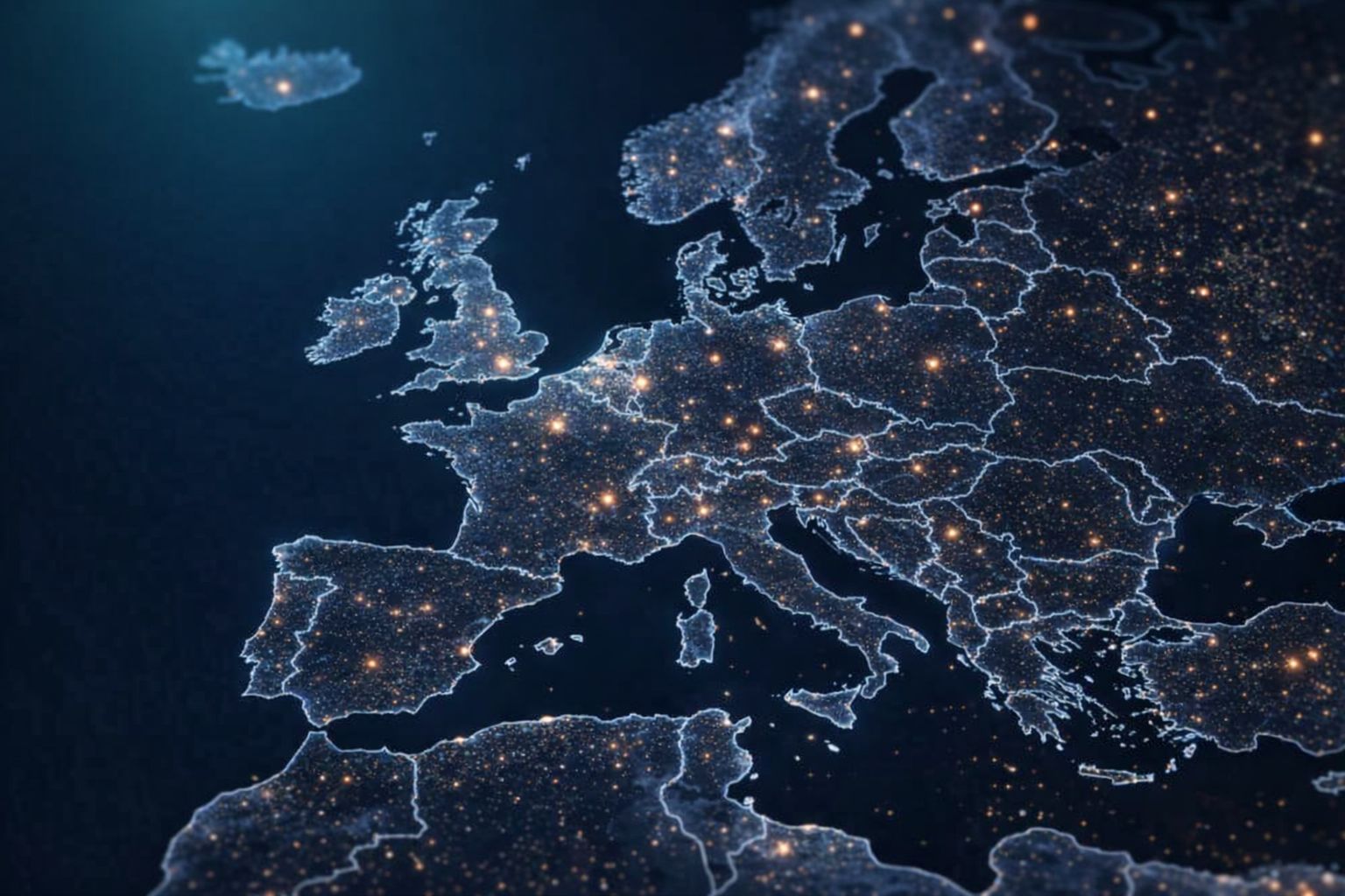 Karta över Europa på natten med upplysta städer och landsgränser.