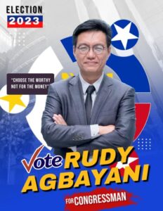 Kampanjaffisch för Rudy Agbayani med texten Vote och Election 2023.
